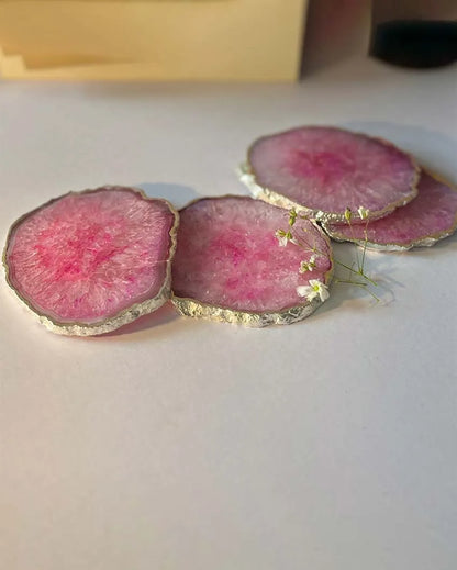 Luxurious Crystal Agate Stone Silver Plated Coasters | Set Of 4 Pink