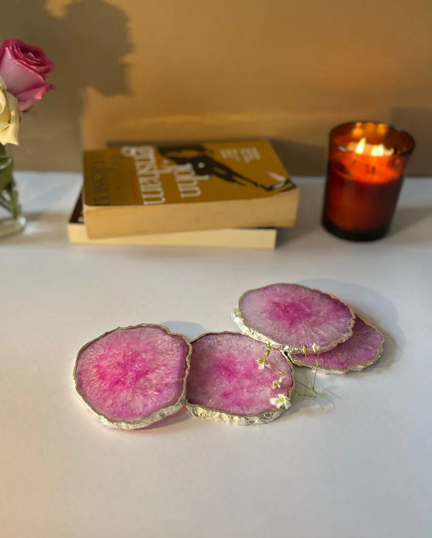 Luxurious Crystal Agate Stone Silver Plated Coasters | Set Of 4 Pink