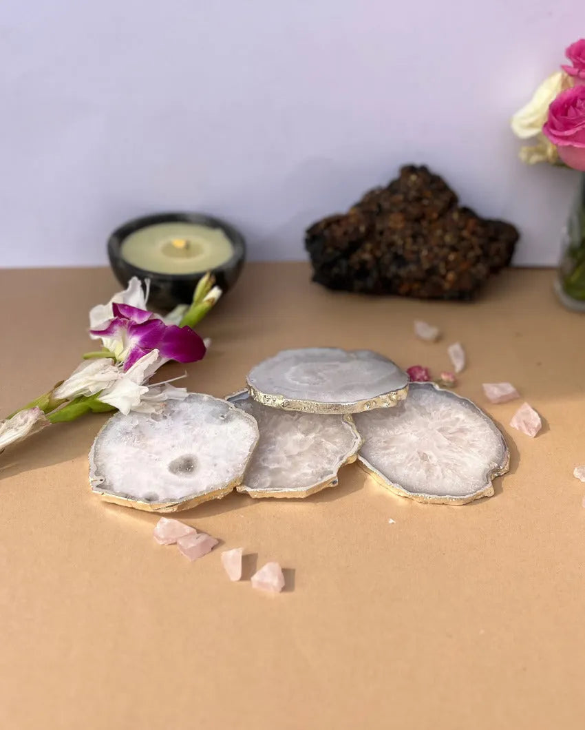 Luxurious Crystal Agate Stone Silver Plated Coasters | Set Of 4 White