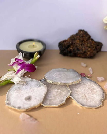 Luxurious Crystal Agate Stone Silver Plated Coasters | Set Of 4 White