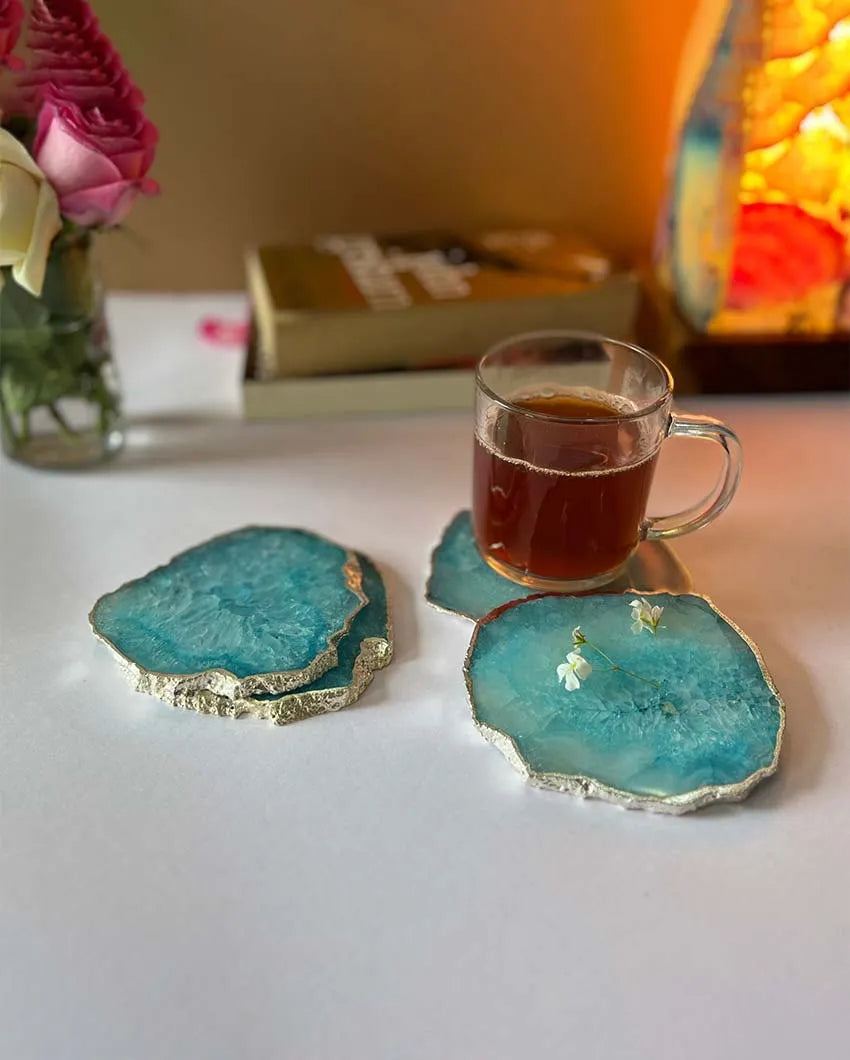 Luxurious Crystal Agate Stone Silver Plated Coasters | Set Of 4 Light Blue