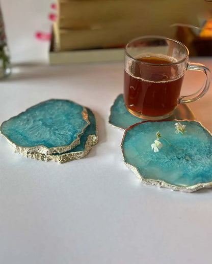 Luxurious Crystal Agate Stone Silver Plated Coasters | Set Of 4 Light Blue