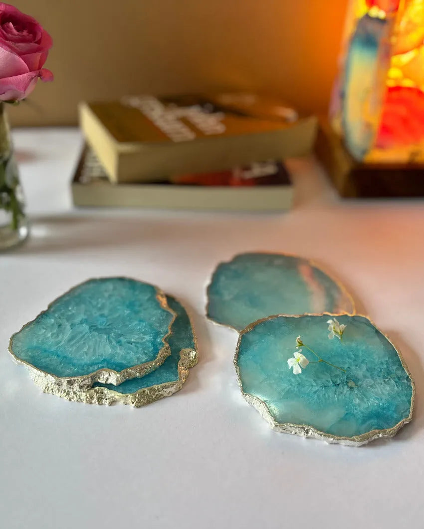 Luxurious Crystal Agate Stone Silver Plated Coasters | Set Of 4 Light Blue