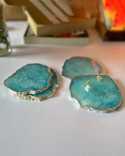 Luxurious Crystal Agate Stone Silver Plated Coasters | Set Of 4 Light Blue