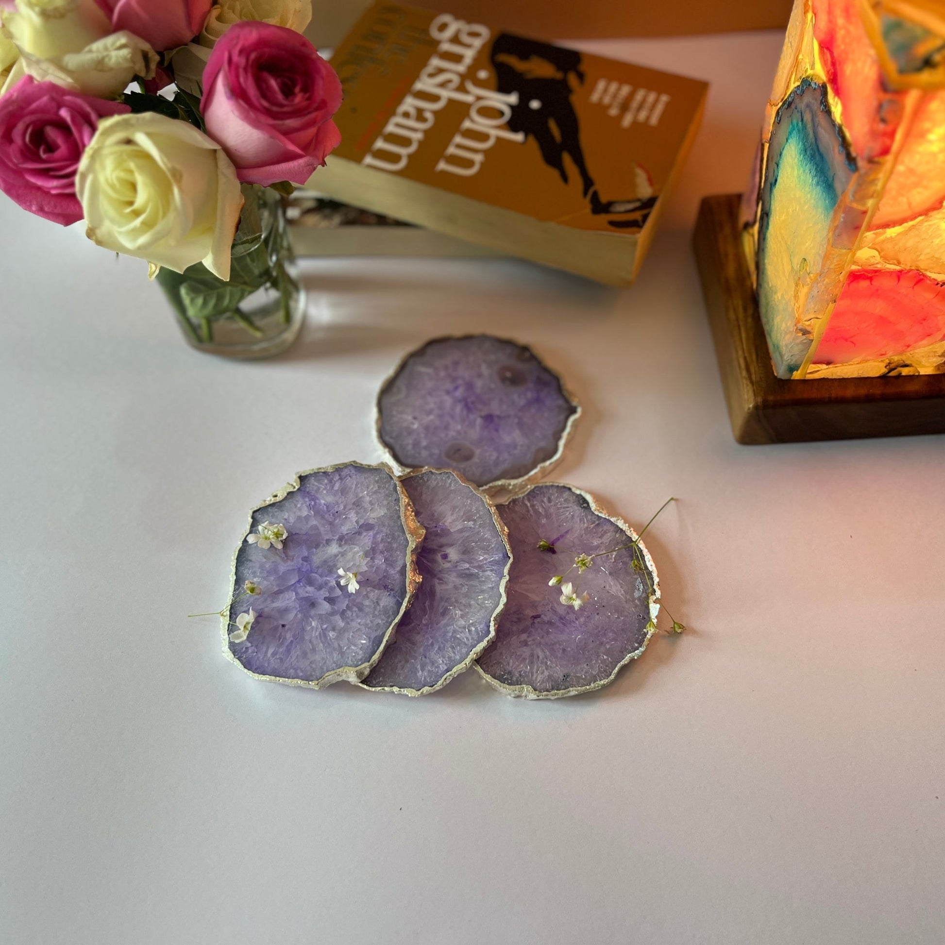 Luxurious Crystal Agate Stone Silver Plated Coasters | Set Of 4 Purple