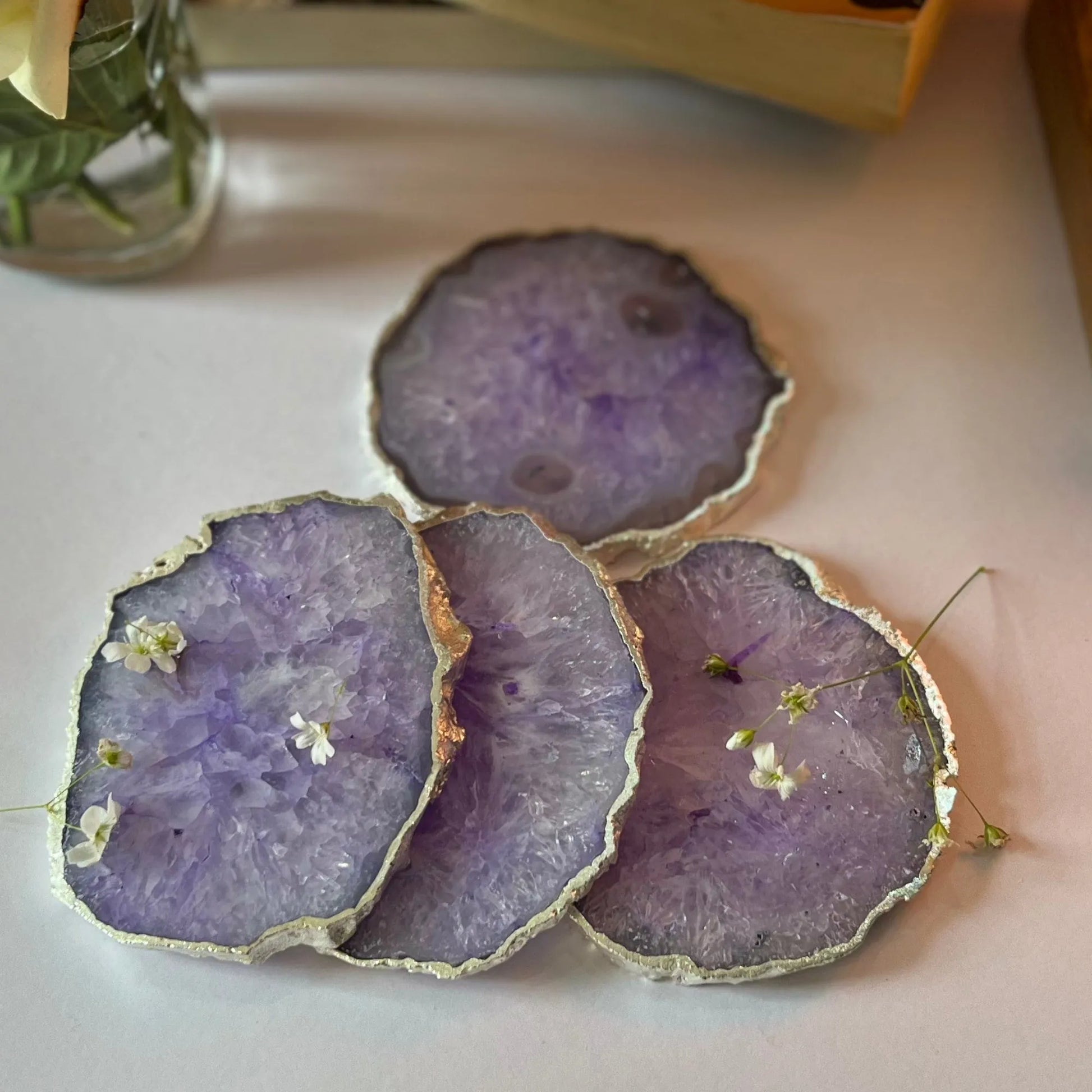 Luxurious Crystal Agate Stone Silver Plated Coasters | Set Of 4 Purple