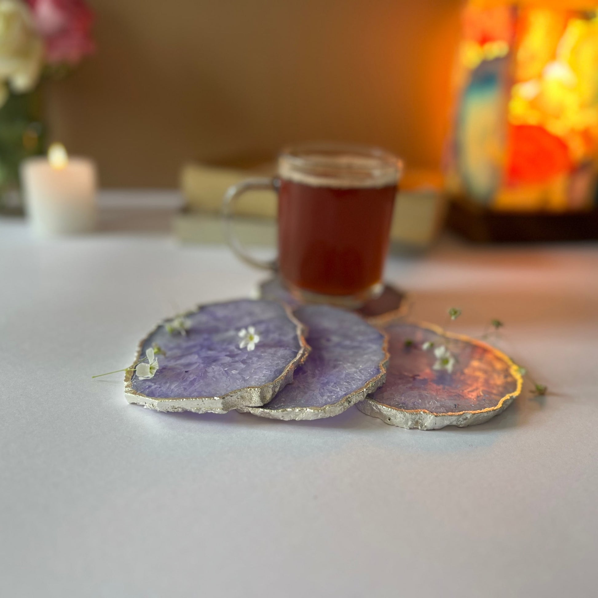 Luxurious Crystal Agate Stone Silver Plated Coasters | Set Of 4 Purple