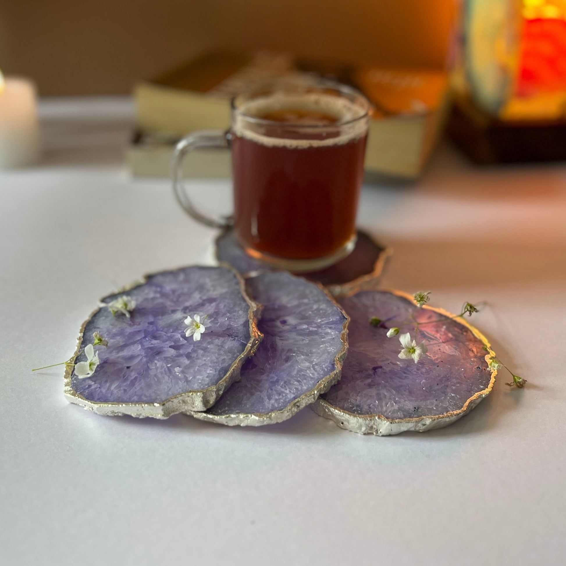 Luxurious Crystal Agate Stone Silver Plated Coasters | Set Of 4 Purple