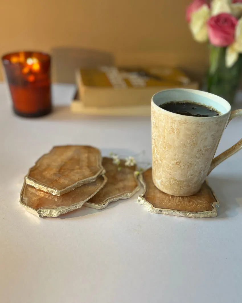 Luxurious Crystal Agate Stone Silver Plated Coasters | Set Of 4 Brown