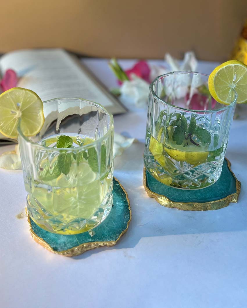 Gracious Crystal Agate Stone Gold Platted Coasters | Set Of 2 Green