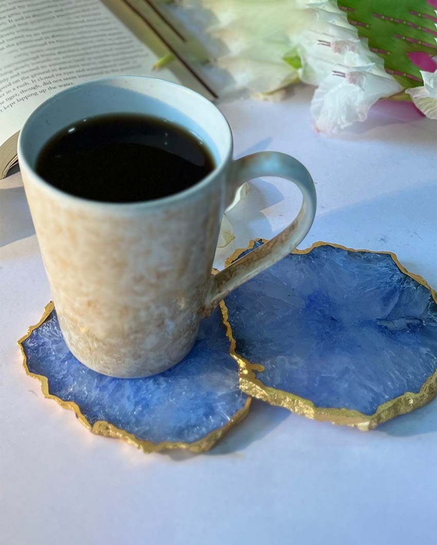 Gracious Crystal Agate Stone Gold Platted Coasters | Set Of 2 Blue