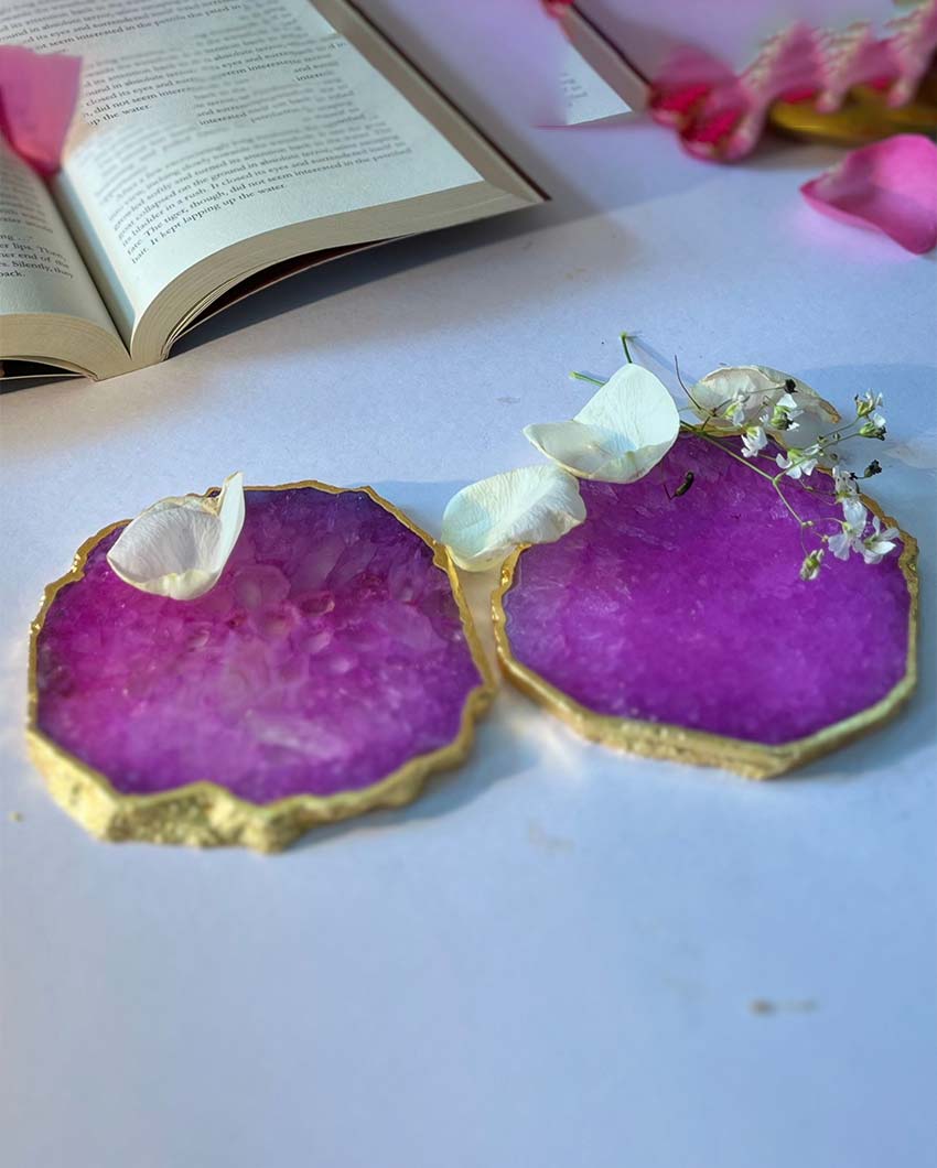 Gracious Crystal Agate Stone Gold Platted Coasters | Set Of 2 Pink