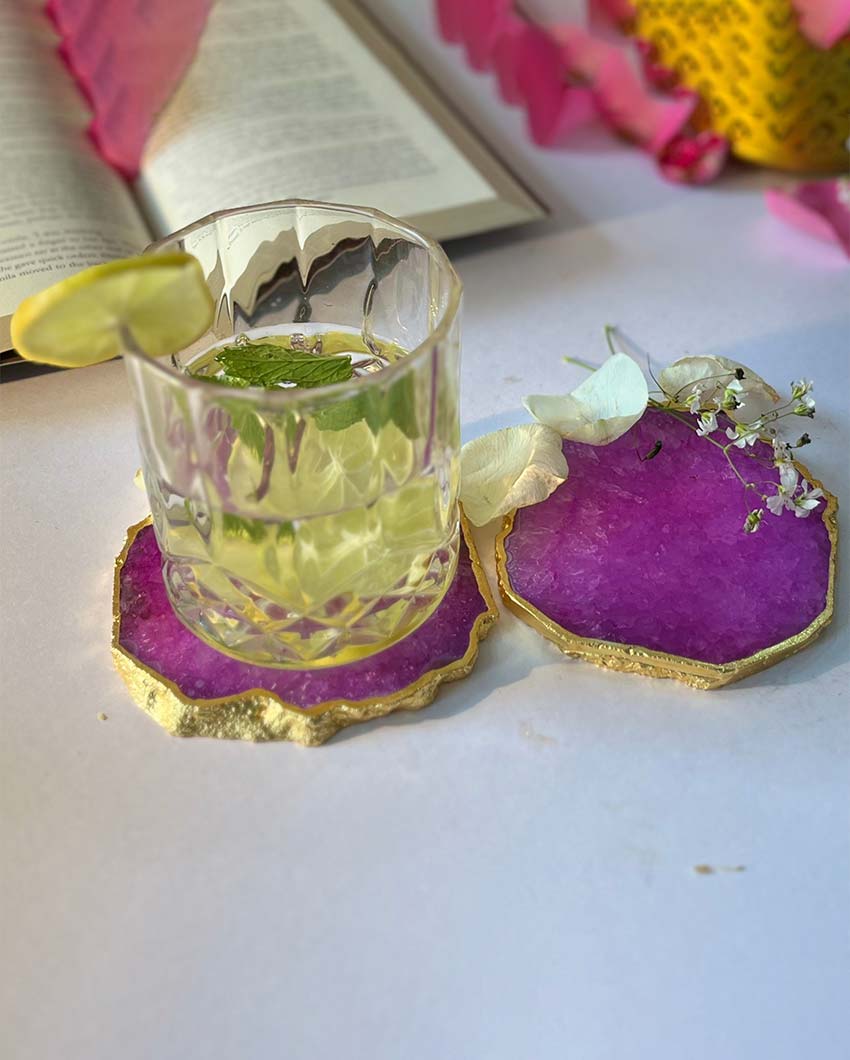 Gracious Crystal Agate Stone Gold Platted Coasters | Set Of 2 Pink