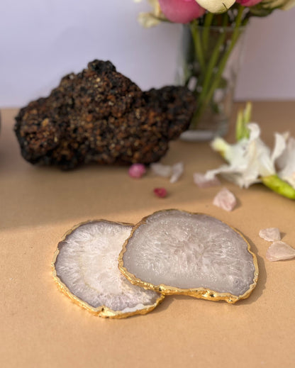 Gracious Crystal Agate Stone Gold Platted Coasters | Set Of 2 White