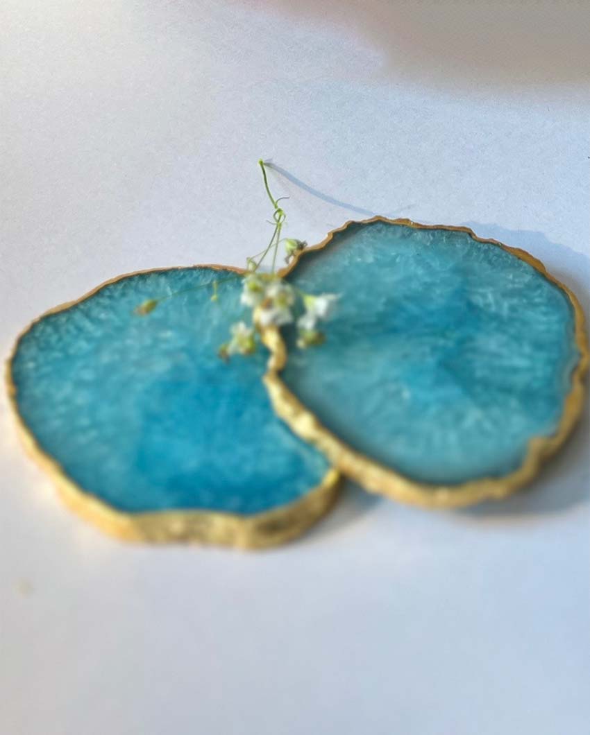 Gracious Crystal Agate Stone Gold Platted Coasters | Set Of 2 Light Blue