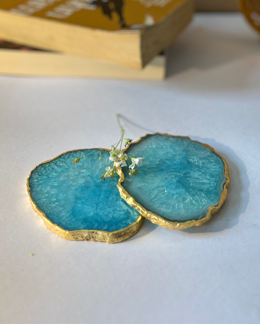 Gracious Crystal Agate Stone Gold Platted Coasters | Set Of 2 Light Blue