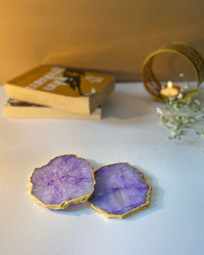 Gracious Crystal Agate Stone Gold Platted Coasters | Set Of 2 Purple