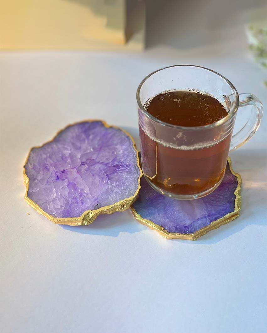Gracious Crystal Agate Stone Gold Platted Coasters | Set Of 2 Purple
