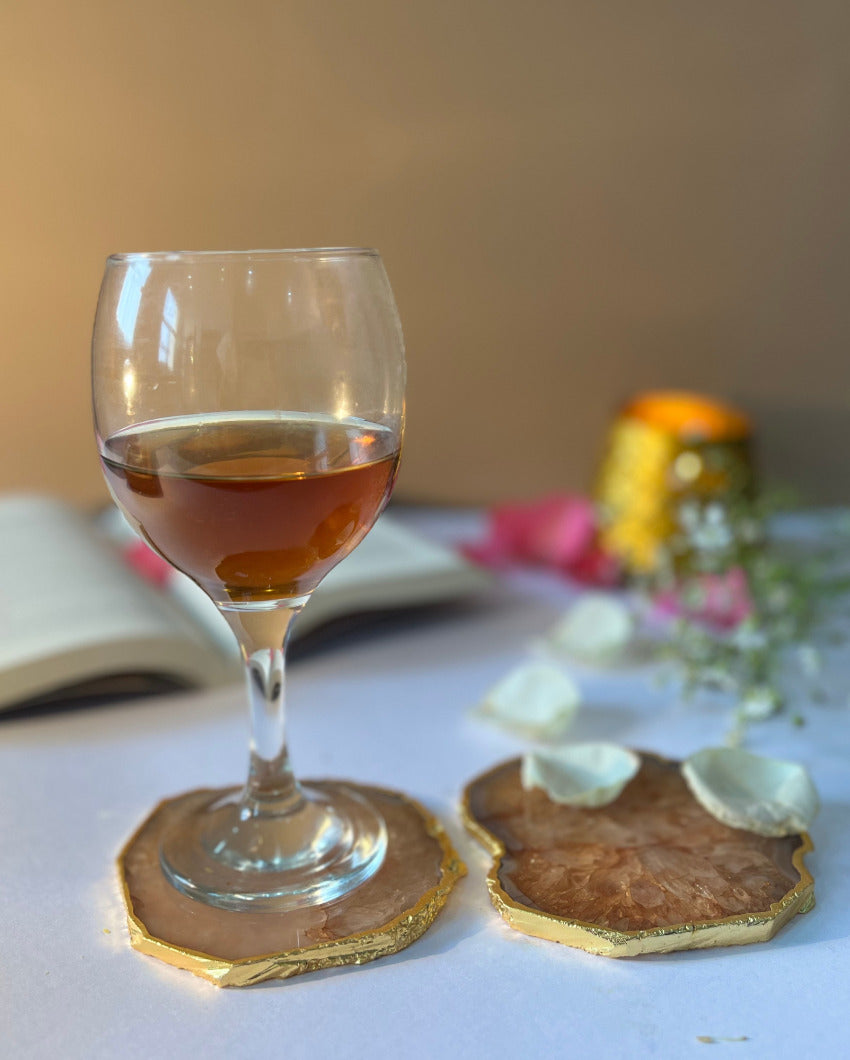 Gracious Crystal Agate Stone Gold Platted Coasters | Set Of 2 Brown