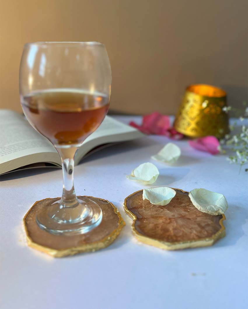 Gracious Crystal Agate Stone Gold Platted Coasters | Set Of 2 Brown