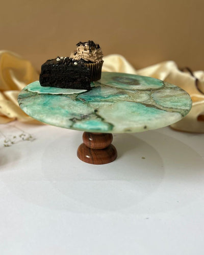 Vintage Design Round Agate Stone Cake Stand With Wooden Stand | Multiple Colors  | 10 x 5 inches