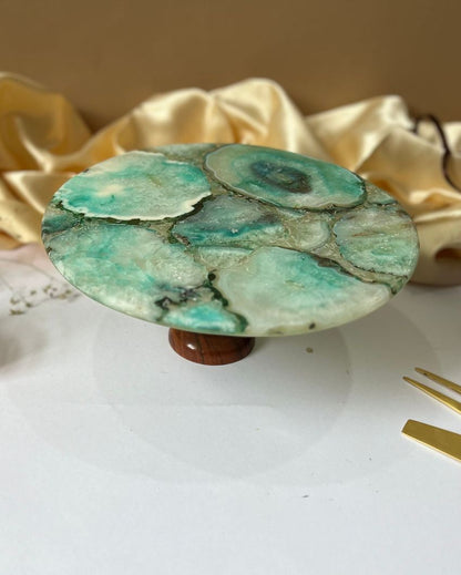 Vintage Design Round Agate Stone Cake Stand With Wooden Stand | Multiple Colors  | 10 x 5 inches