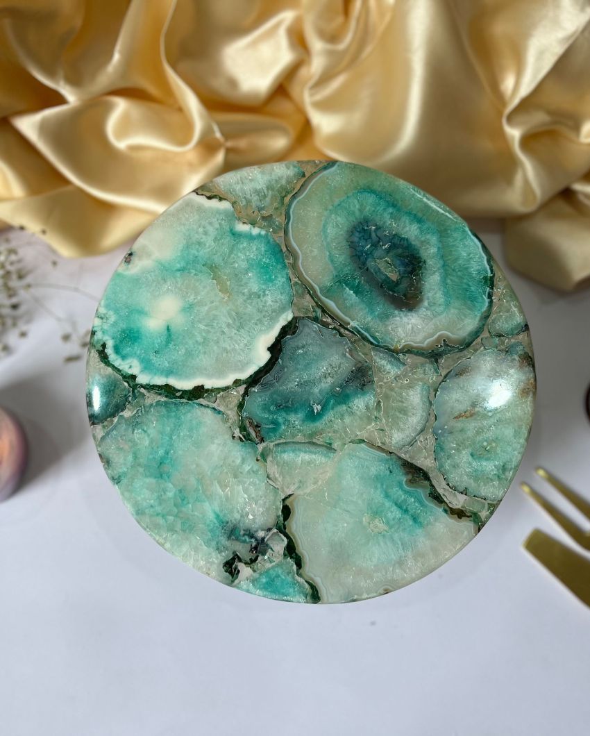 Vintage Design Round Agate Stone Cake Stand With Wooden Stand | Multiple Colors  | 10 x 5 inches