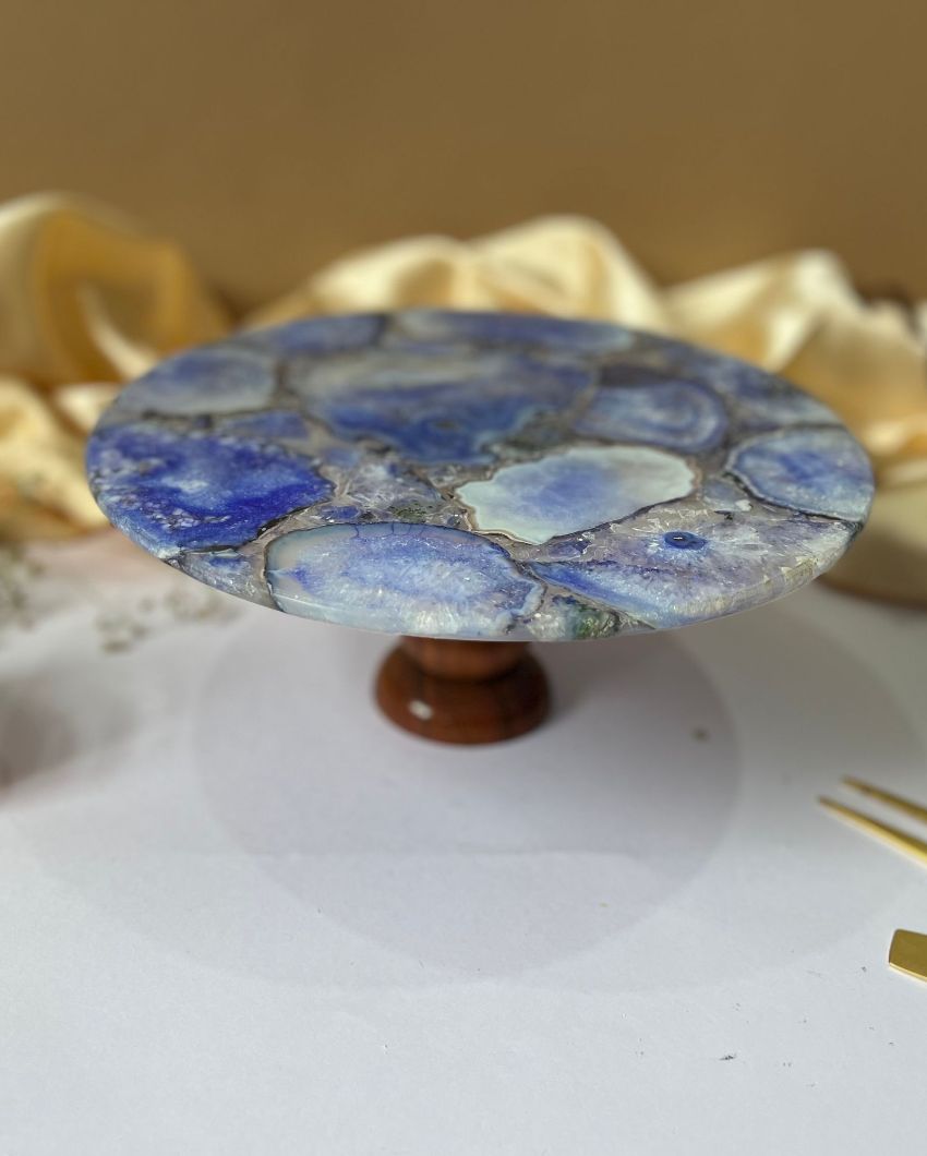 Vintage Design Round Agate Stone Cake Stand With Wooden Stand | Multiple Colors  | 10 x 5 inches