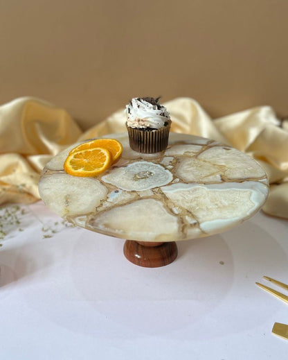 Vintage Design Round Agate Stone Cake Stand With Wooden Stand | Multiple Colors  | 10 x 5 inches