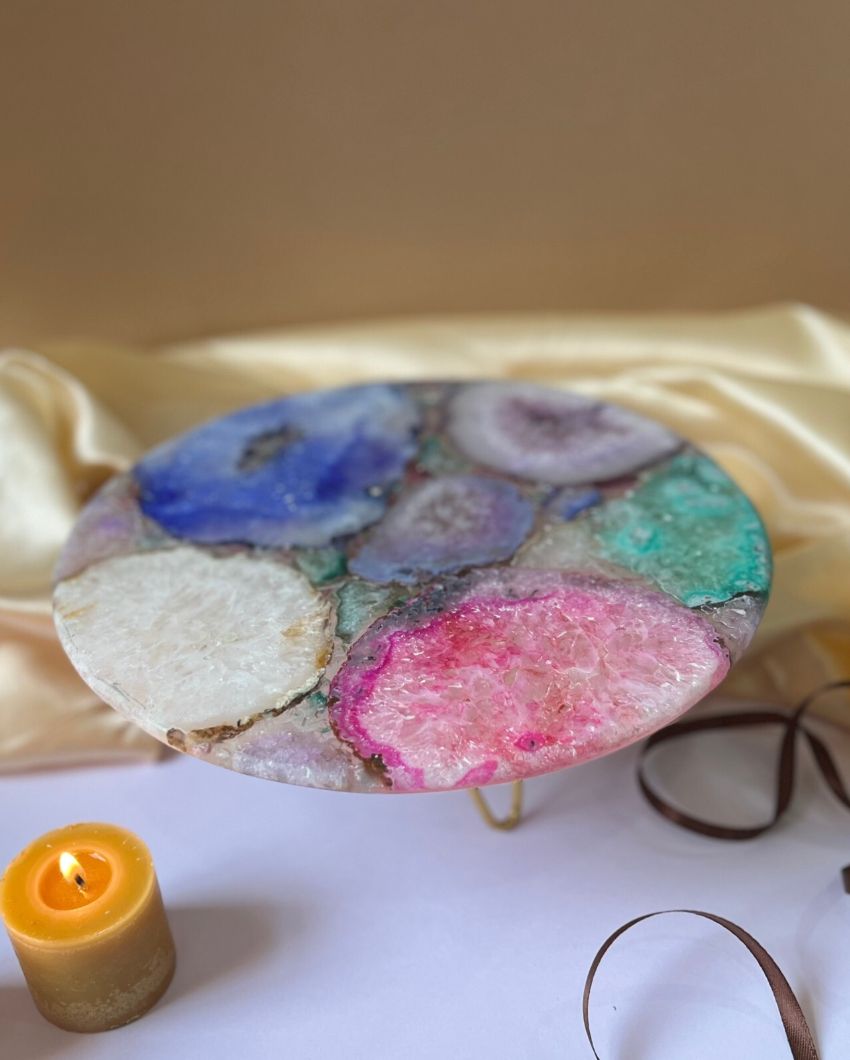 Multicolor Round Agate Cake Stand With Wood