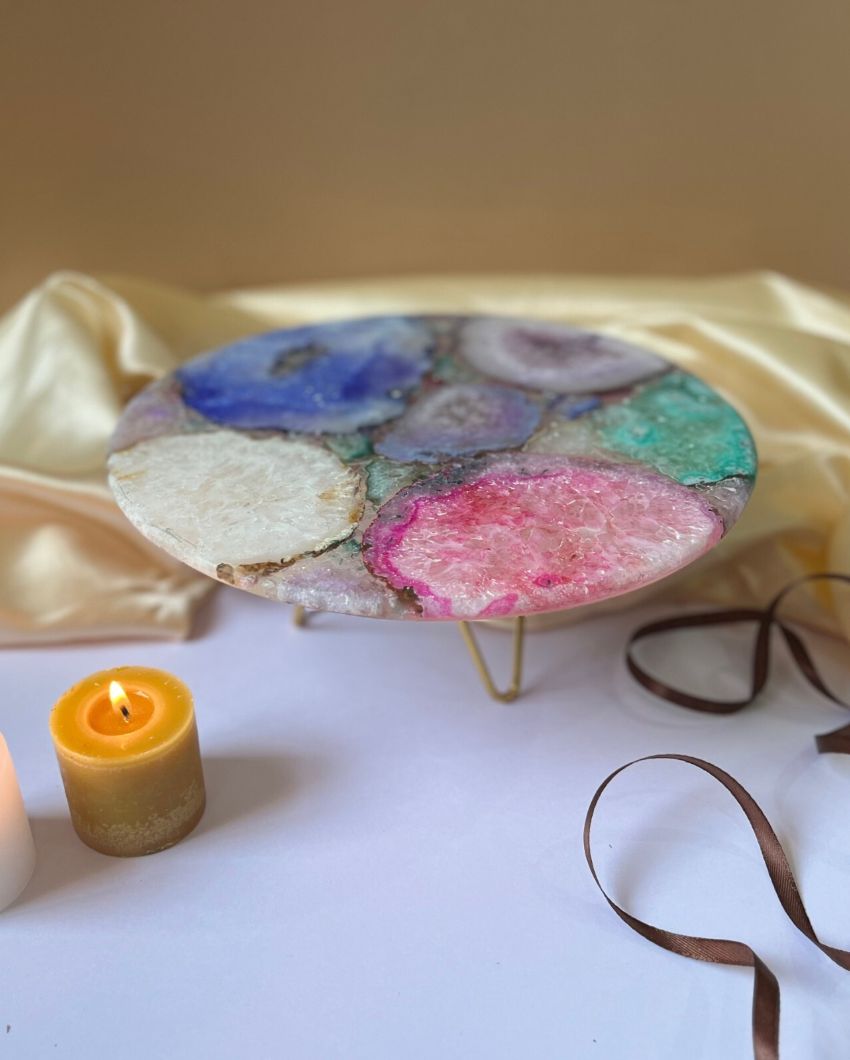 Multicolor Round Agate Cake Stand With Wood