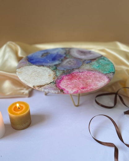 Multicolor Round Agate Cake Stand With Wood