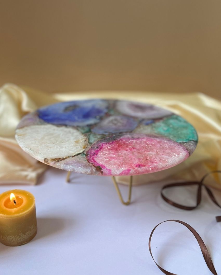 Multicolor Round Agate Cake Stand With Wood