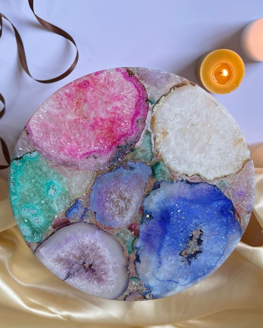 Multicolor Round Agate Cake Stand With Wood