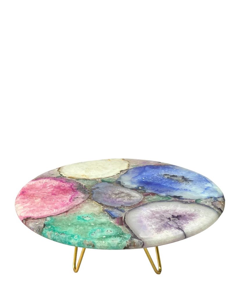 Multicolor Round Agate Cake Stand With Wood