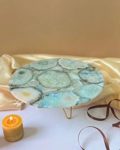 Beautiful Round Agate Stone Cake Stand With Metal Stand |  Multiple Colors | 10 x 5 inches