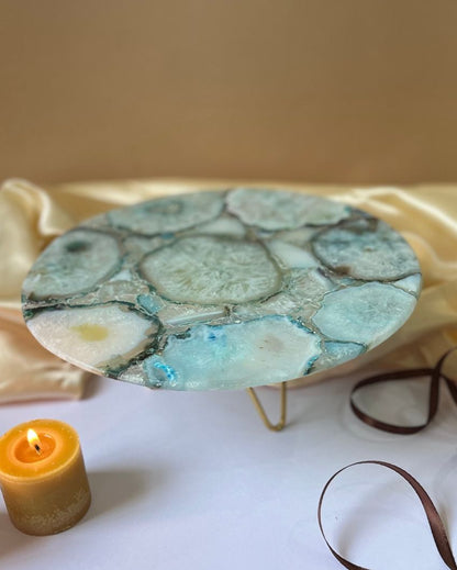 Beautiful Round Agate Stone Cake Stand With Metal Stand |  Multiple Colors | 10 x 5 inches