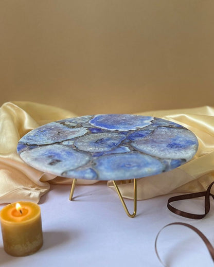 Beautiful Round Agate Stone Cake Stand With Metal Stand |  Multiple Colors | 10 x 5 inches