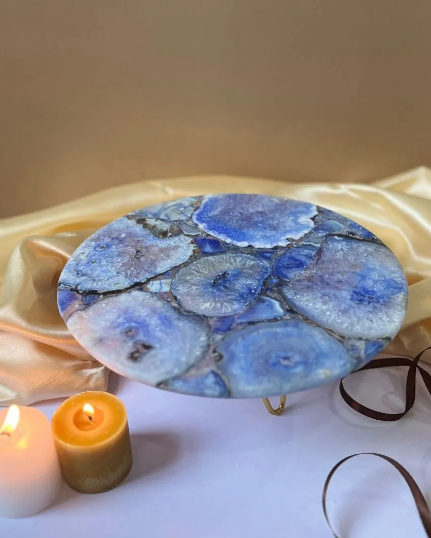 Beautiful Round Agate Stone Cake Stand With Metal Stand |  Multiple Colors | 10 x 5 inches