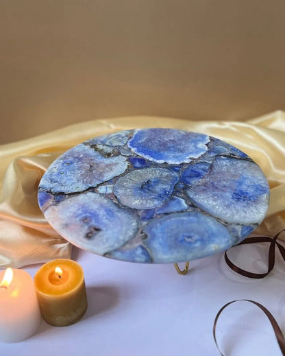 Beautiful Round Agate Stone Cake Stand With Metal Stand |  Multiple Colors | 10 x 5 inches