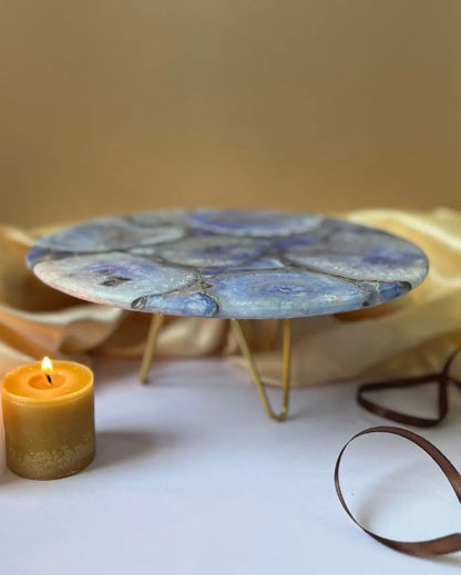 Beautiful Round Agate Stone Cake Stand With Metal Stand |  Multiple Colors | 10 x 5 inches