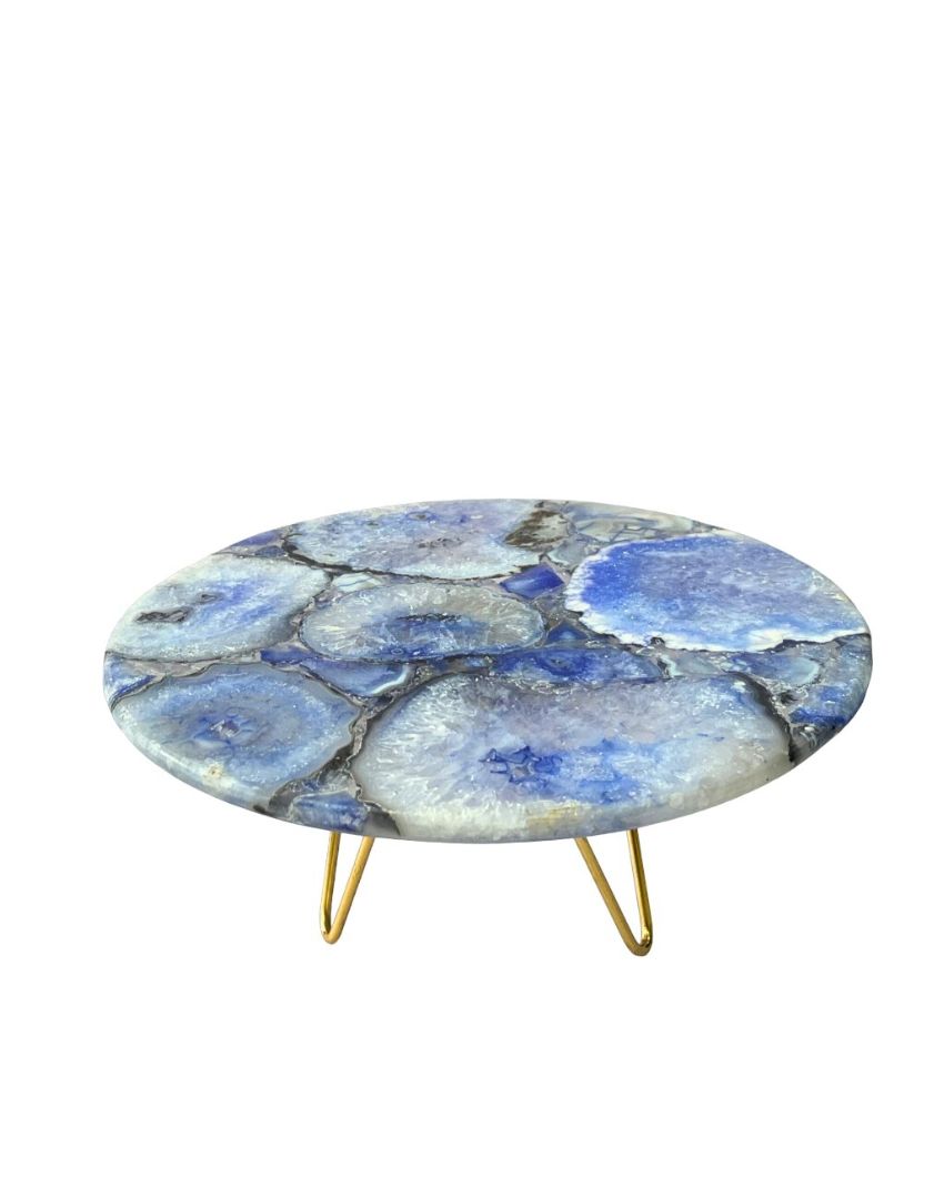 Beautiful Round Agate Stone Cake Stand With Metal Stand |  Multiple Colors | 10 x 5 inches