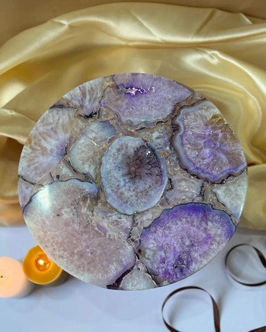 Beautiful Round Agate Stone Cake Stand With Metal Stand |  Multiple Colors | 10 x 5 inches