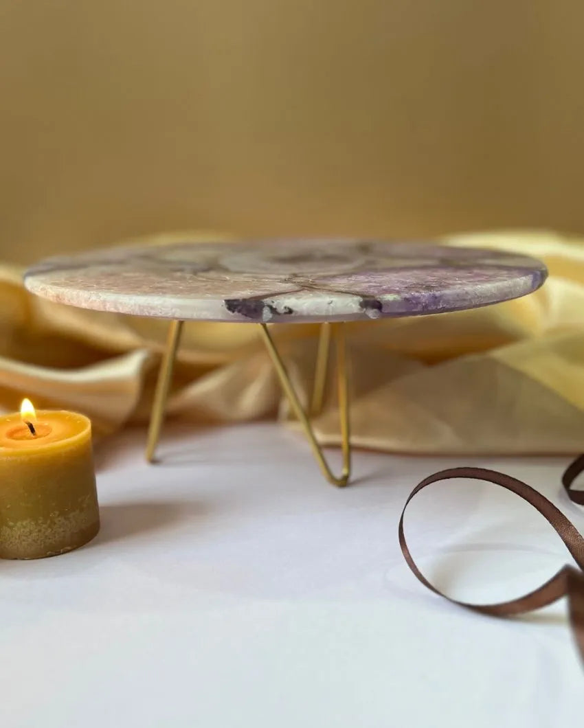 Beautiful Round Agate Stone Cake Stand With Metal Stand |  Multiple Colors | 10 x 5 inches