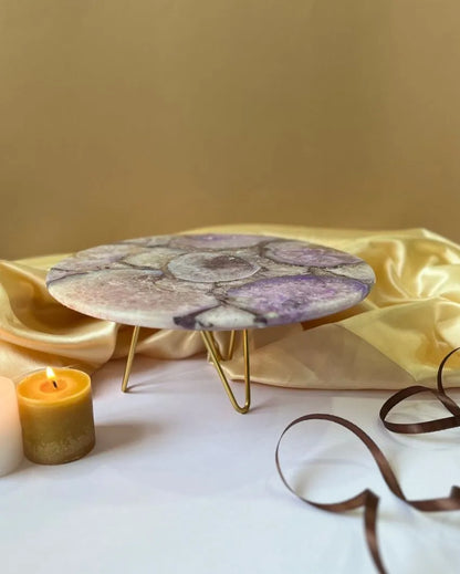 Beautiful Round Agate Stone Cake Stand With Metal Stand |  Multiple Colors | 10 x 5 inches