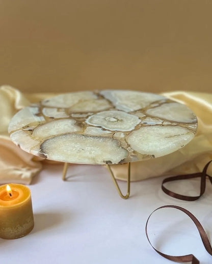 Beautiful Round Agate Stone Cake Stand With Metal Stand |  Multiple Colors | 10 x 5 inches