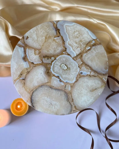 Beautiful Round Agate Stone Cake Stand With Metal Stand |  Multiple Colors | 10 x 5 inches