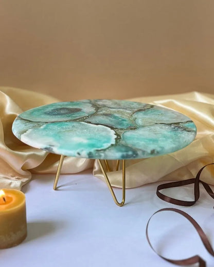 Beautiful Round Agate Stone Cake Stand With Metal Stand |  Multiple Colors | 10 x 5 inches