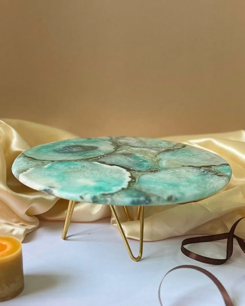 Beautiful Round Agate Stone Cake Stand With Metal Stand |  Multiple Colors | 10 x 5 inches