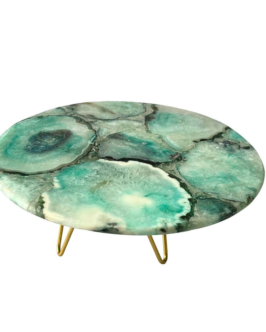 Beautiful Round Agate Stone Cake Stand With Metal Stand |  Multiple Colors | 10 x 5 inches